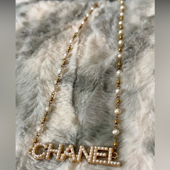 Upcycled Gold-Plated Chanel Pearl Letter Necklace | Handmade Statement Piece - Picture 1 of 5